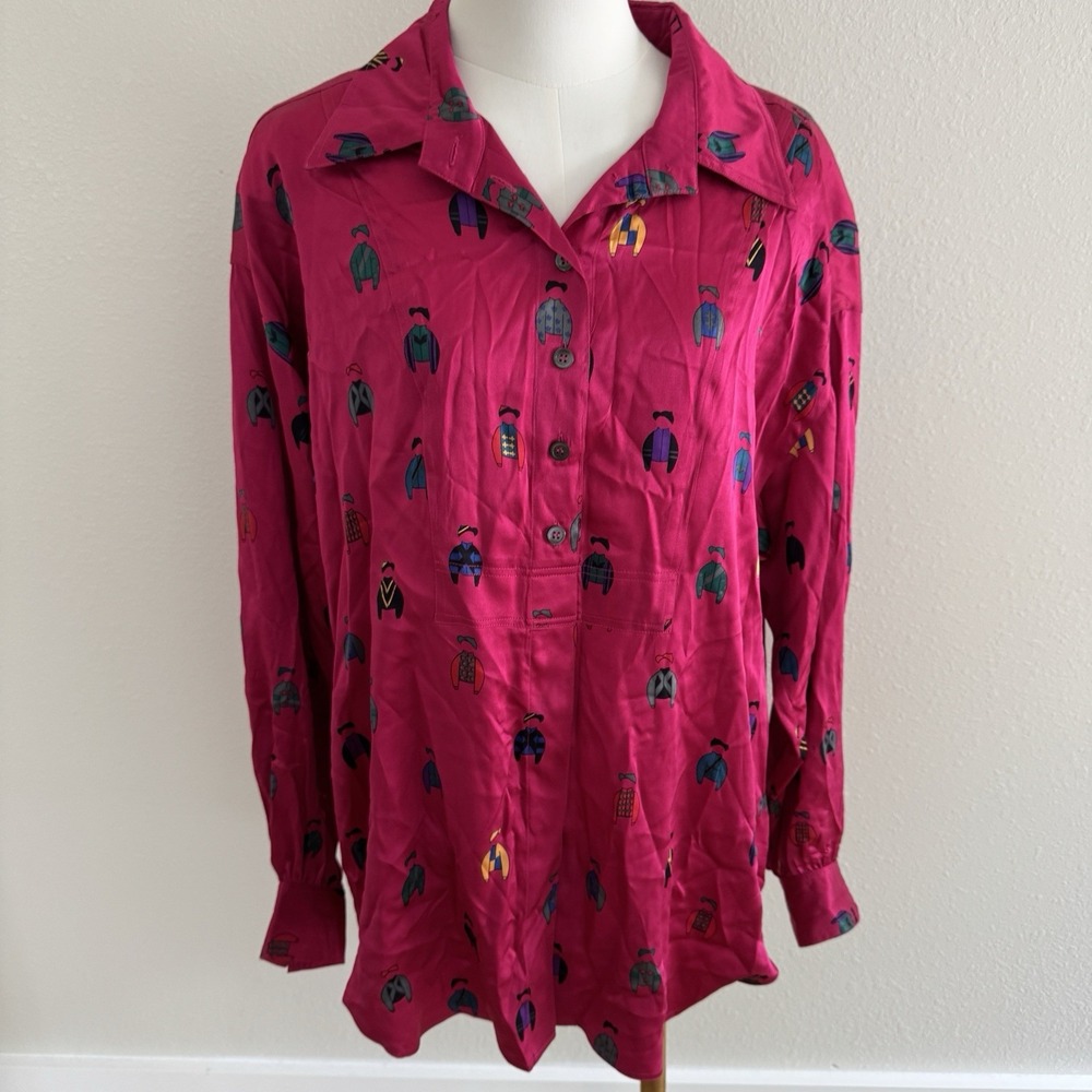 Vintage Bergdorf Goodman 100% Silk Blouse Tunic Shoulder Pads Jockey Equestrian